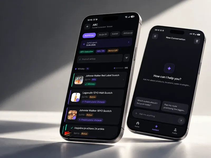 Two phones with Delta DMD's field sales app: an outlet's spirits assortment with listing status, and the AI sales assistant
