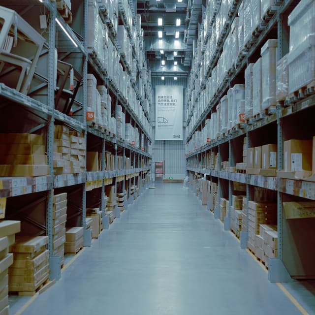 Warehouse aisle with stacked pallets