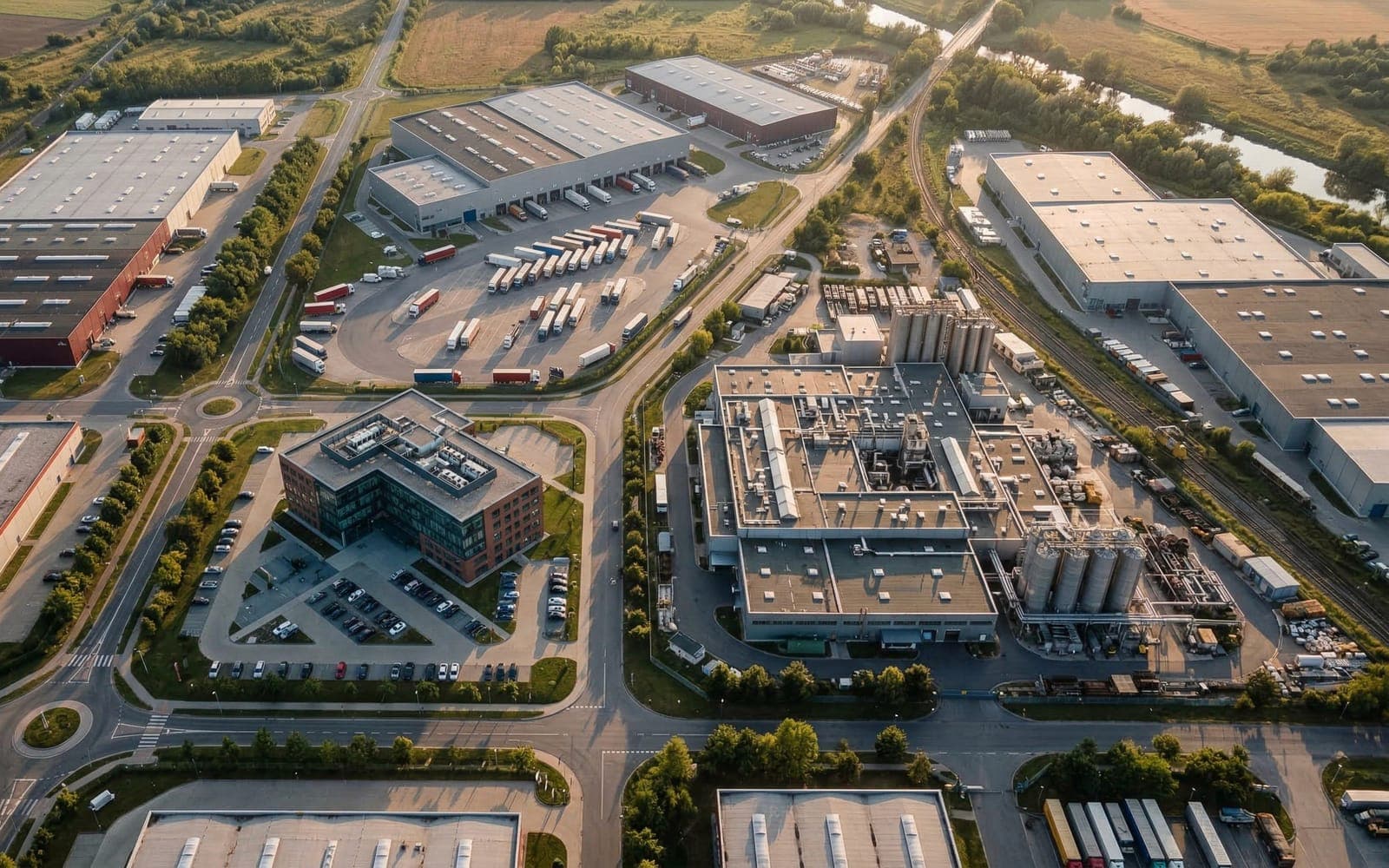 Aerial view of an industrial park with warehouses, logistics yards and a production plant