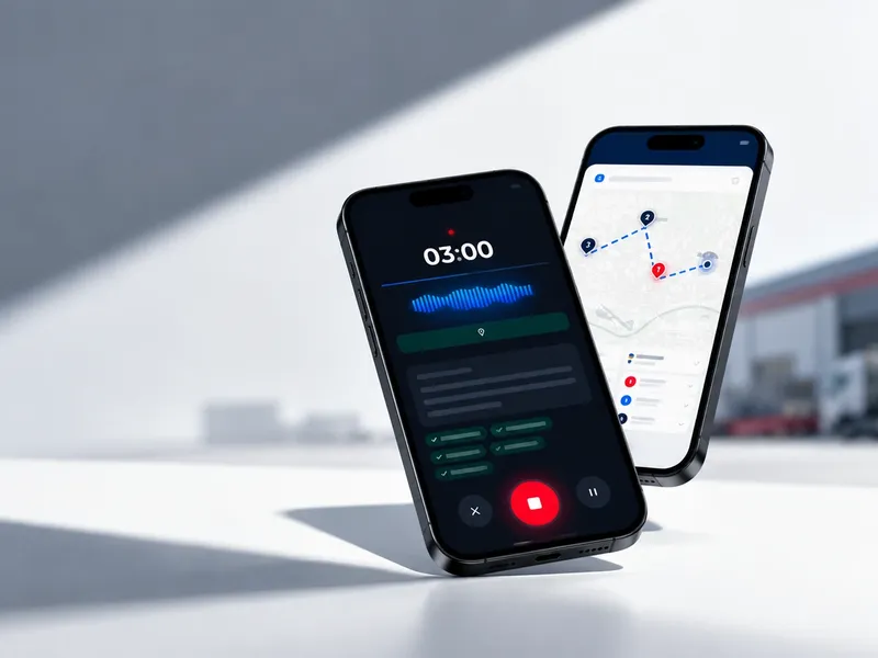 Two phones with CIAK's field sales app: a visit being recorded as a voice note, and the day's route with customer stops on a map