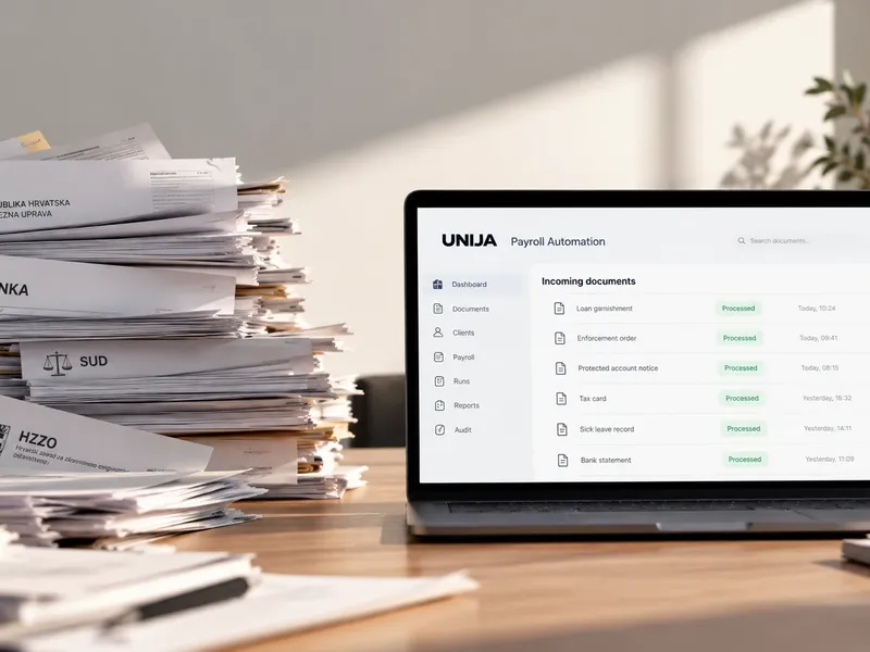 A stack of tax, bank, court and health-insurance documents beside a laptop showing Unija's payroll automation dashboard with every incoming document processed